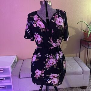 Monteau Los Angeles Floral Faux Wrap Dress Large Vneck Short Sleeves